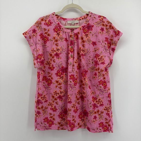 LOFT Tops - LOFT Womens Large Pink Floral Henley Top Short Sleeve Cotton Blend Relaxed Fit